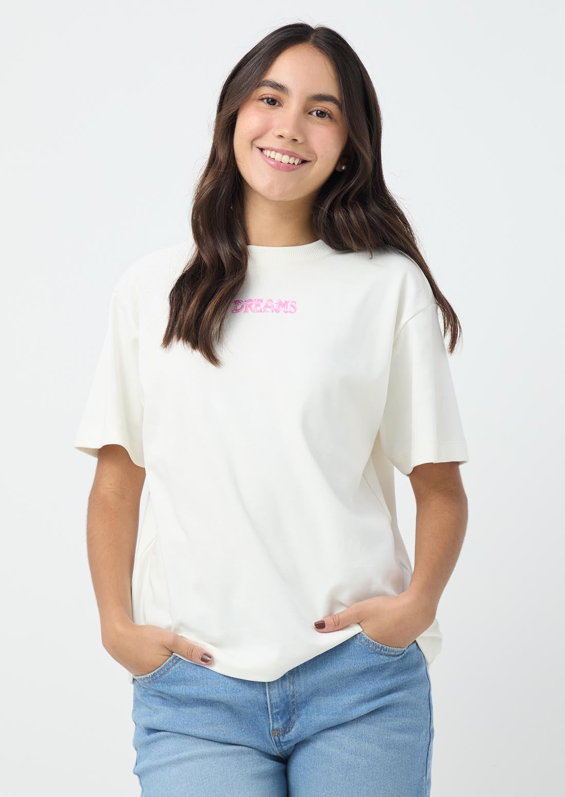 Camiseta oversize marfil estampado para jóvenes