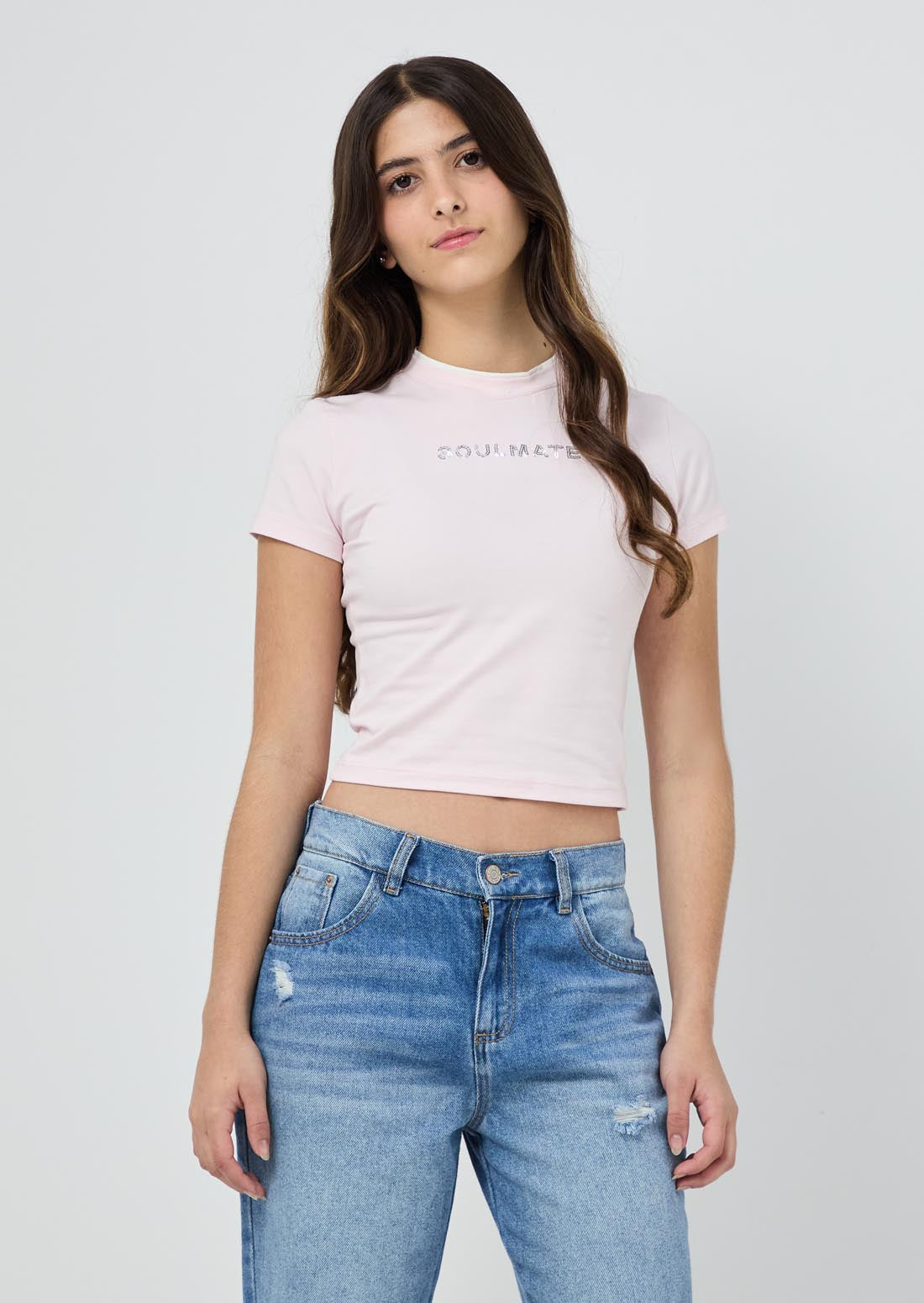 Camiseta rosa pastel con cuello en contraste para jóvenes