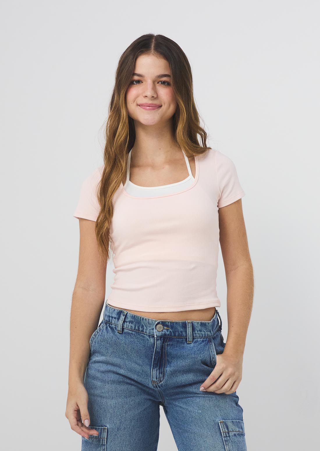 Camiseta rosa pastel con top interno para jóvenes