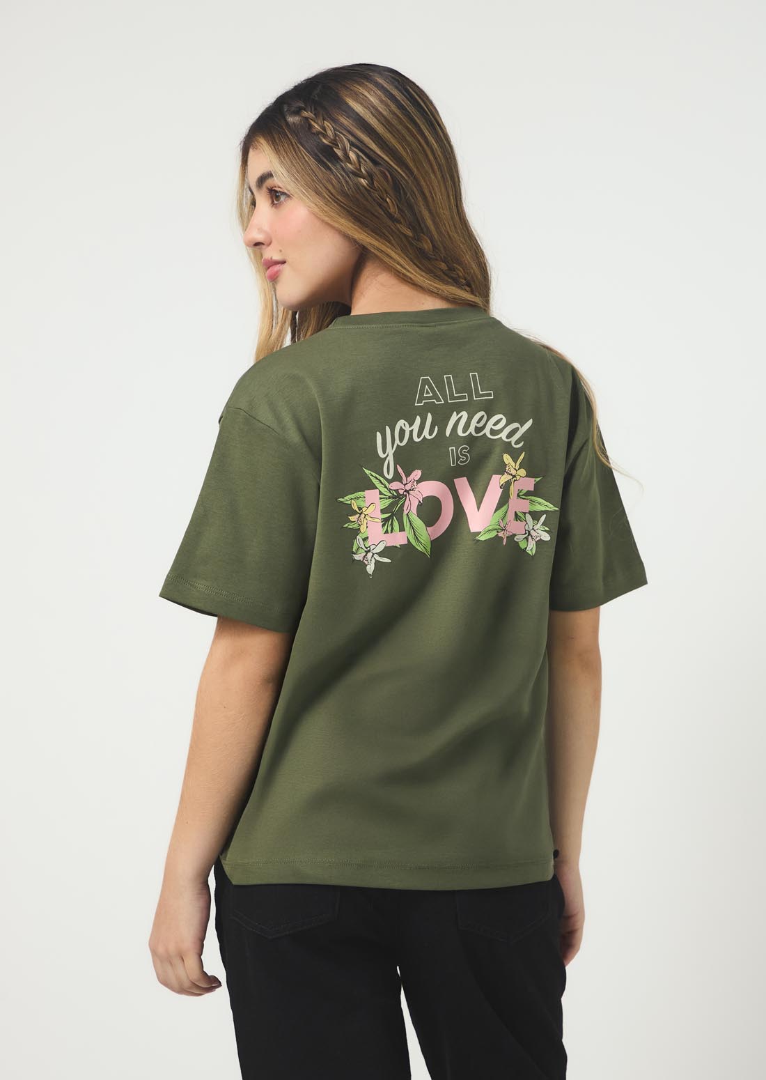 Camiseta verde militar estampado en frente y espalda para jóvenes