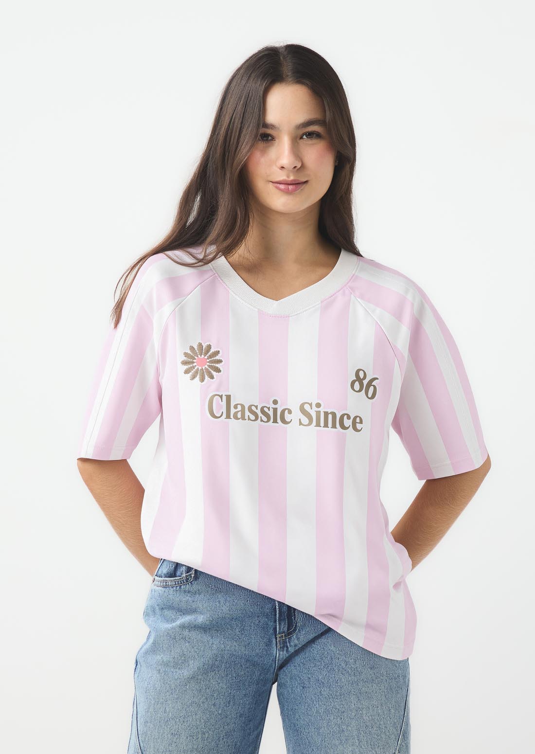 Camiseta oversize rosa pastel a rayas para jóvenes