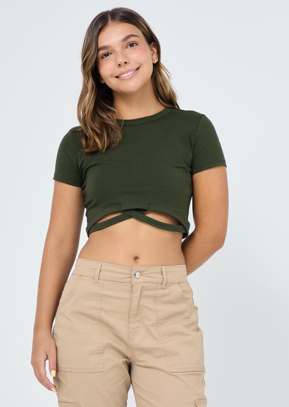Camiseta verde militar con tira en cintura para adolescentes