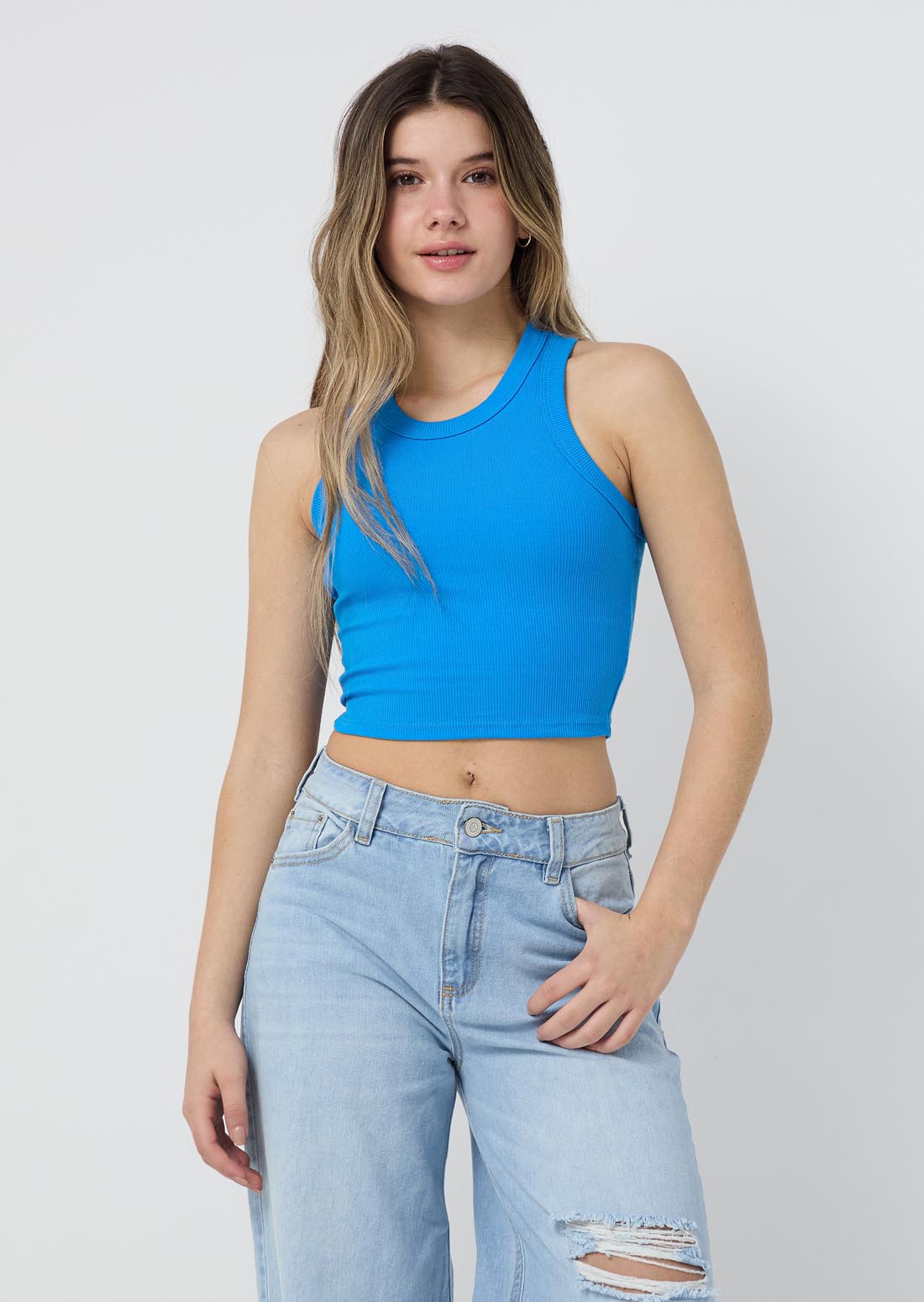 Camiseta en rib azul eléctrico fondo entero para jóvenes