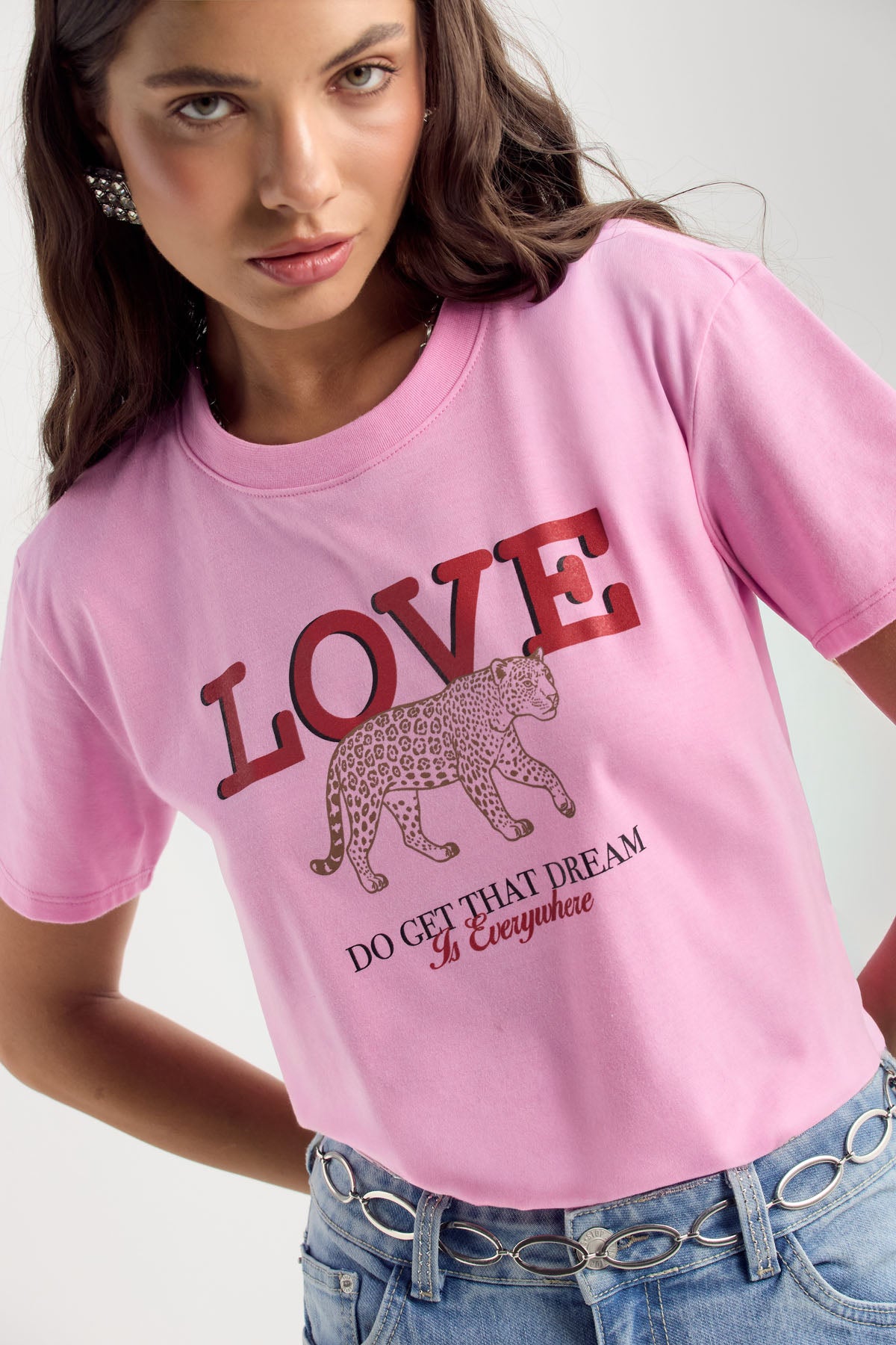 Camiseta rosa claro de manga corta para mujer