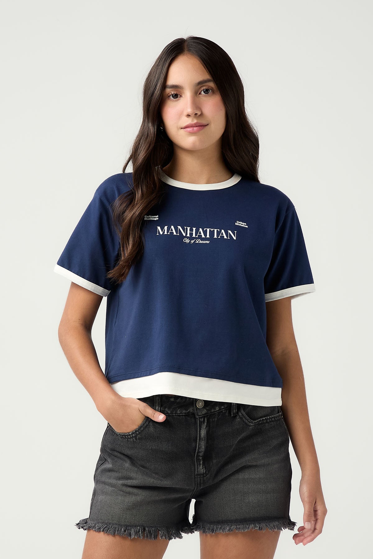 Camiseta azul oscuro imitación doble prenda para jóvenes