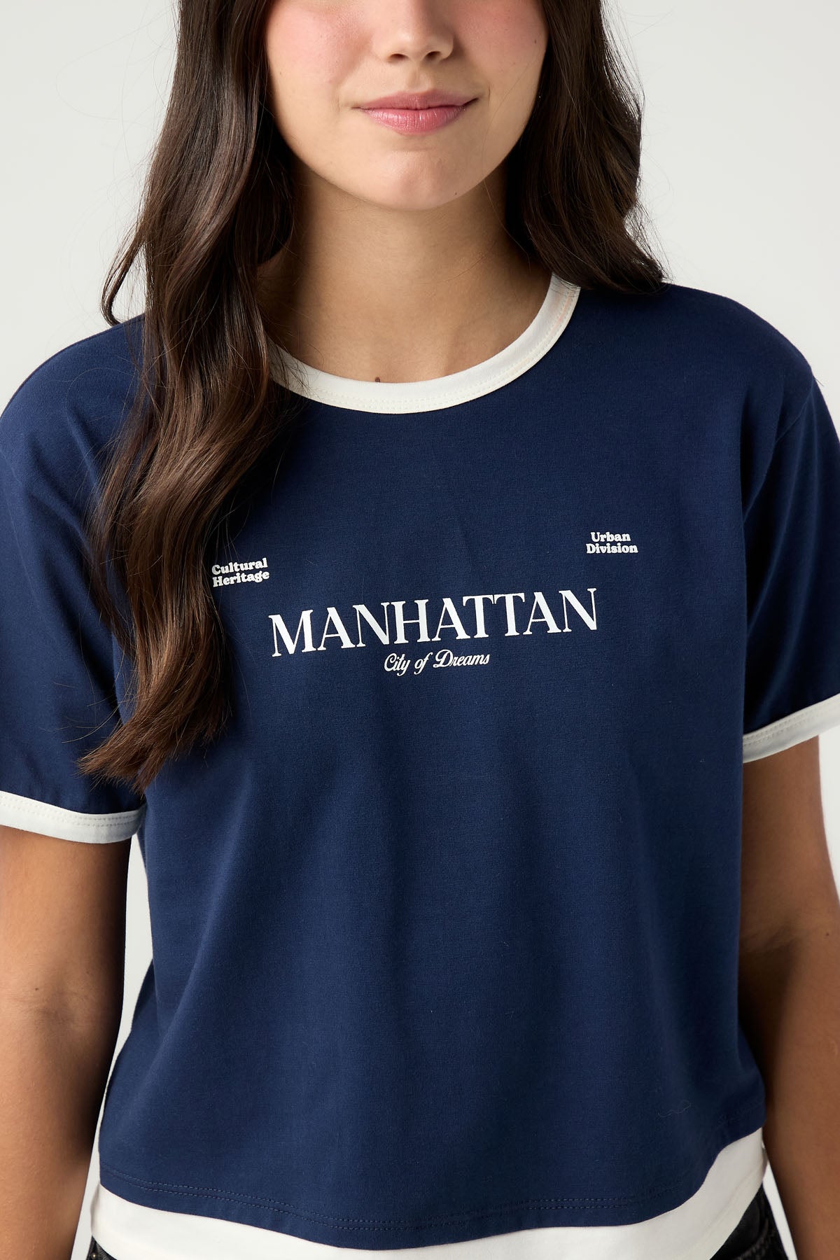 Camiseta azul oscuro imitación doble prenda para jóvenes