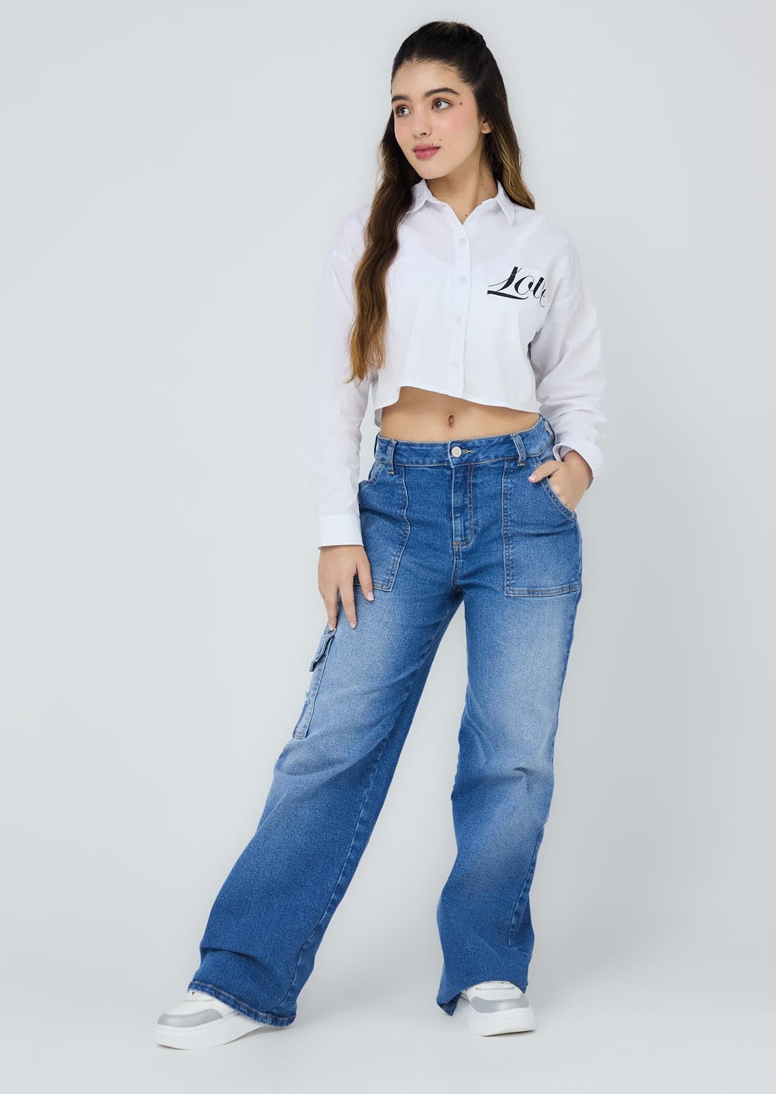 Jean cargo medio fondo entero para jóvenes