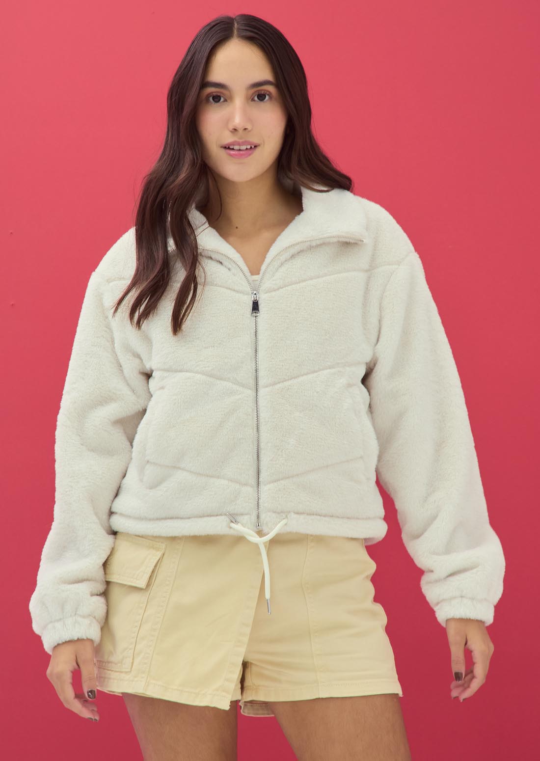 Chaqueta peluda beige con lurex para jóvenes