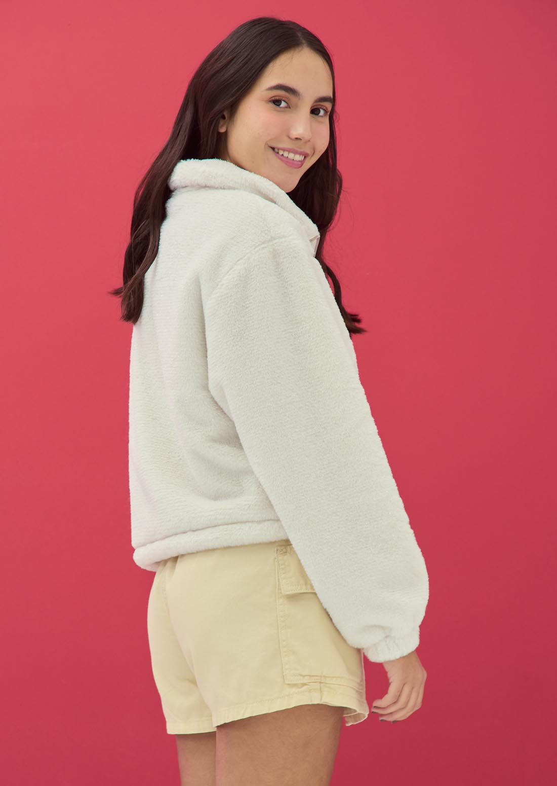 Chaqueta peluda beige con lurex para jóvenes