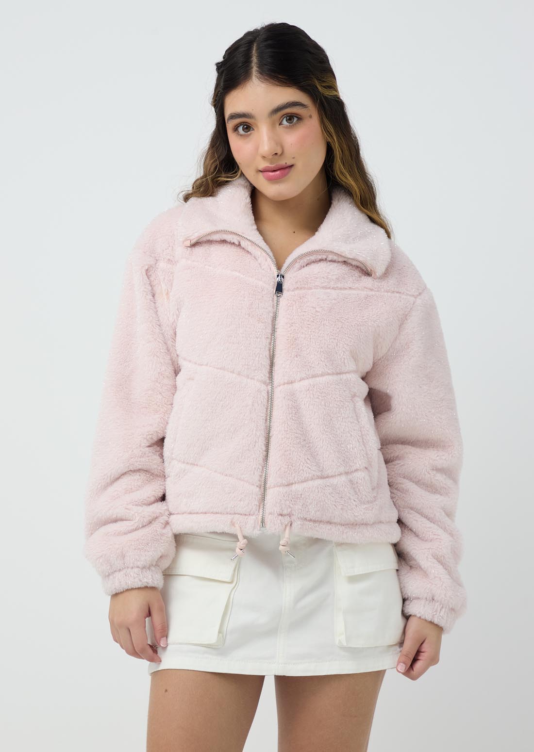 Chaqueta peluda rosa con lurex para jóvenes