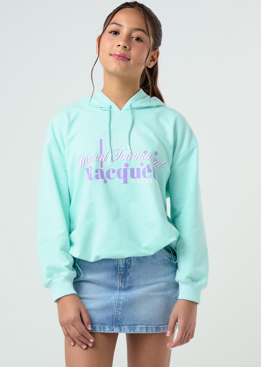 Chompa menta con frente estampado para niñas