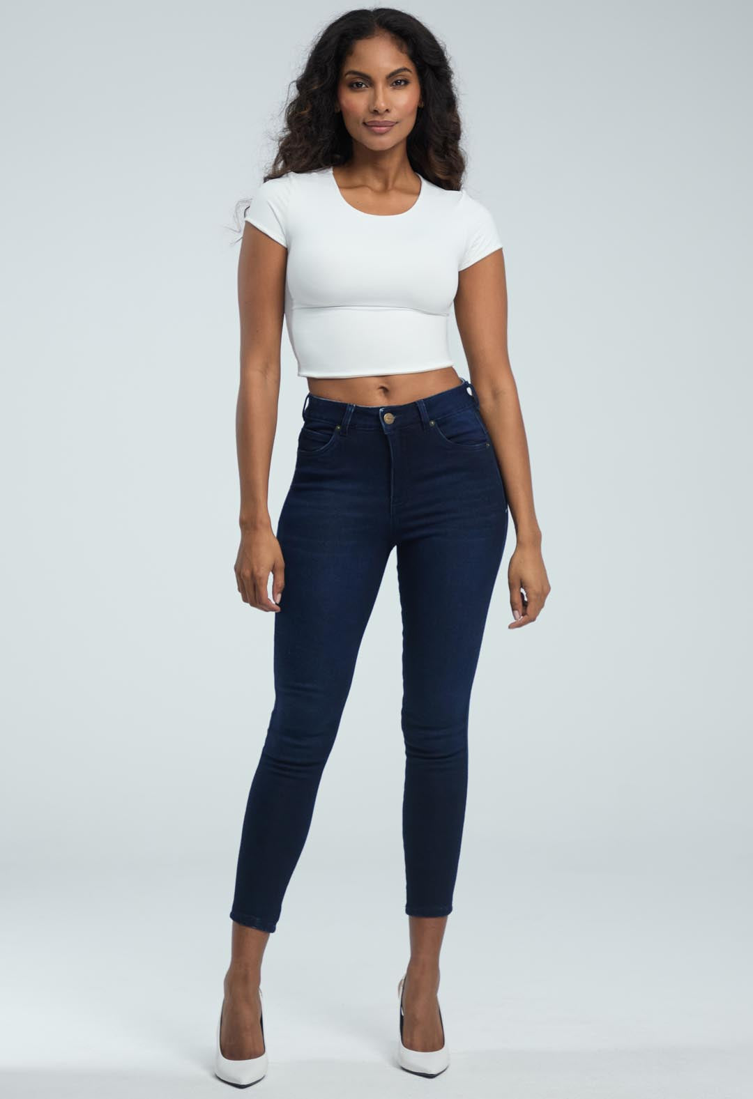 Jean elastik oscuro tiro alto para mujeres