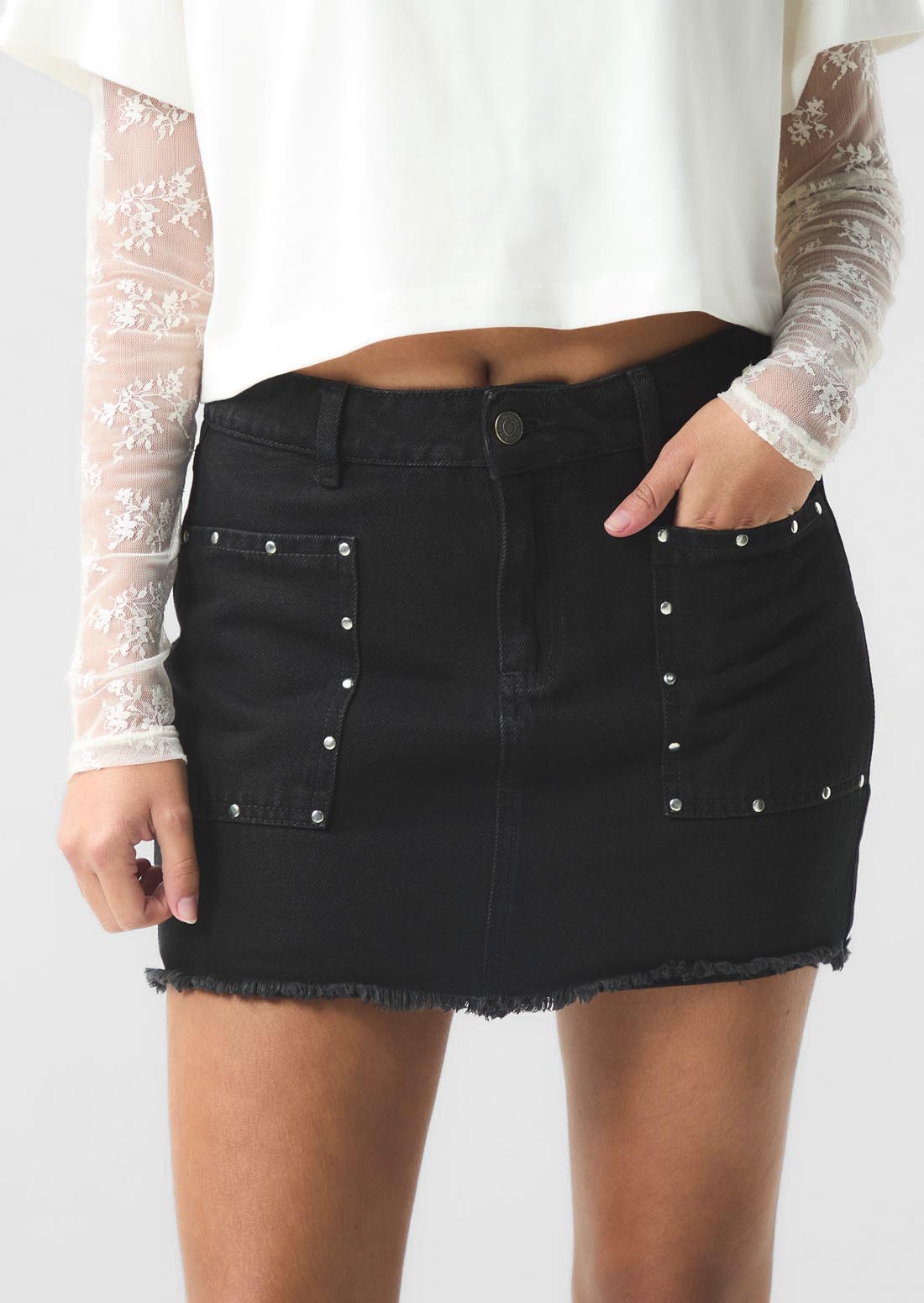 Falda negro oscuro con apliques en bolsillos para jóvenes