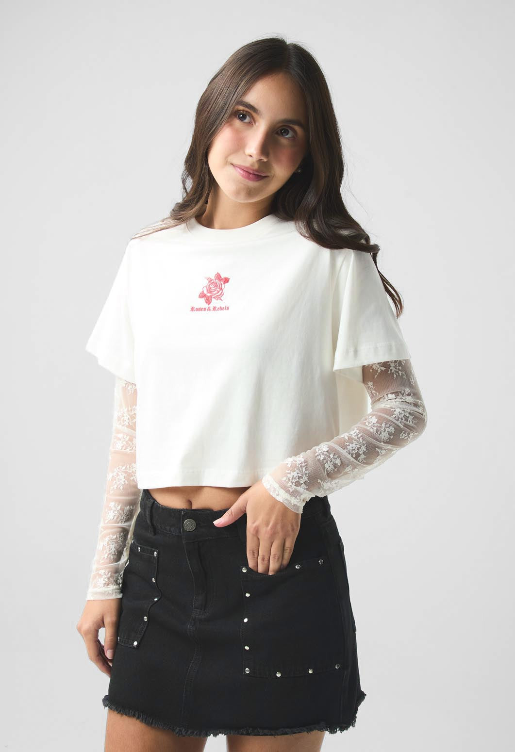 Falda negro oscuro con apliques en bolsillos para jóvenes