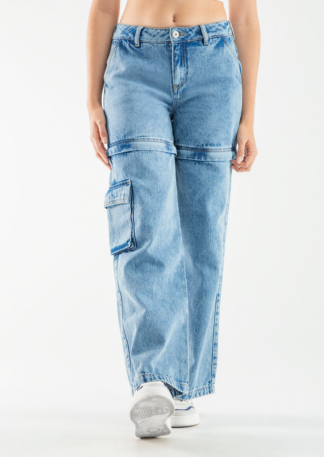 Jean cargo azul medio convertible en short para adolescentes