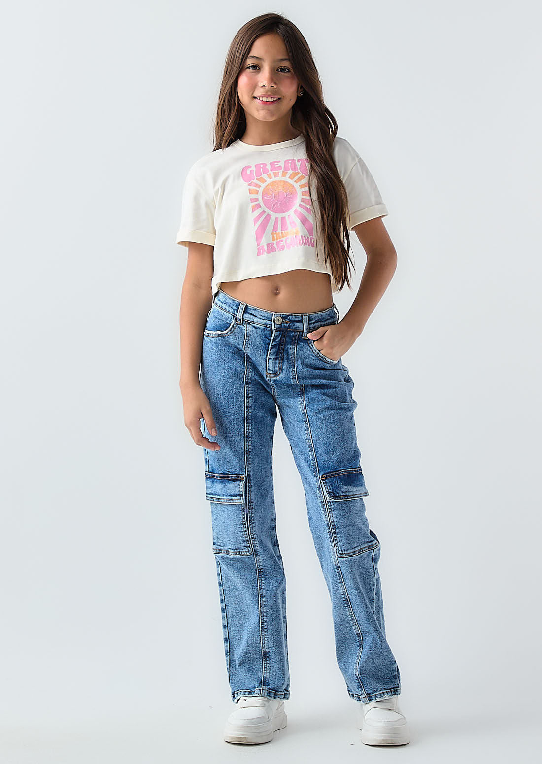 Jean cargo medio bolsillos en costados para niñas – Stop Jeans