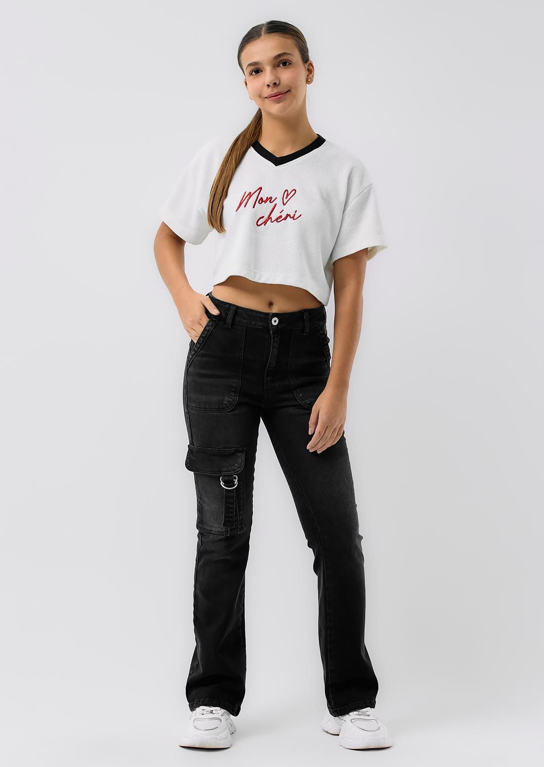 Jean cargo negro bolsillos con hebilla para jóvenes