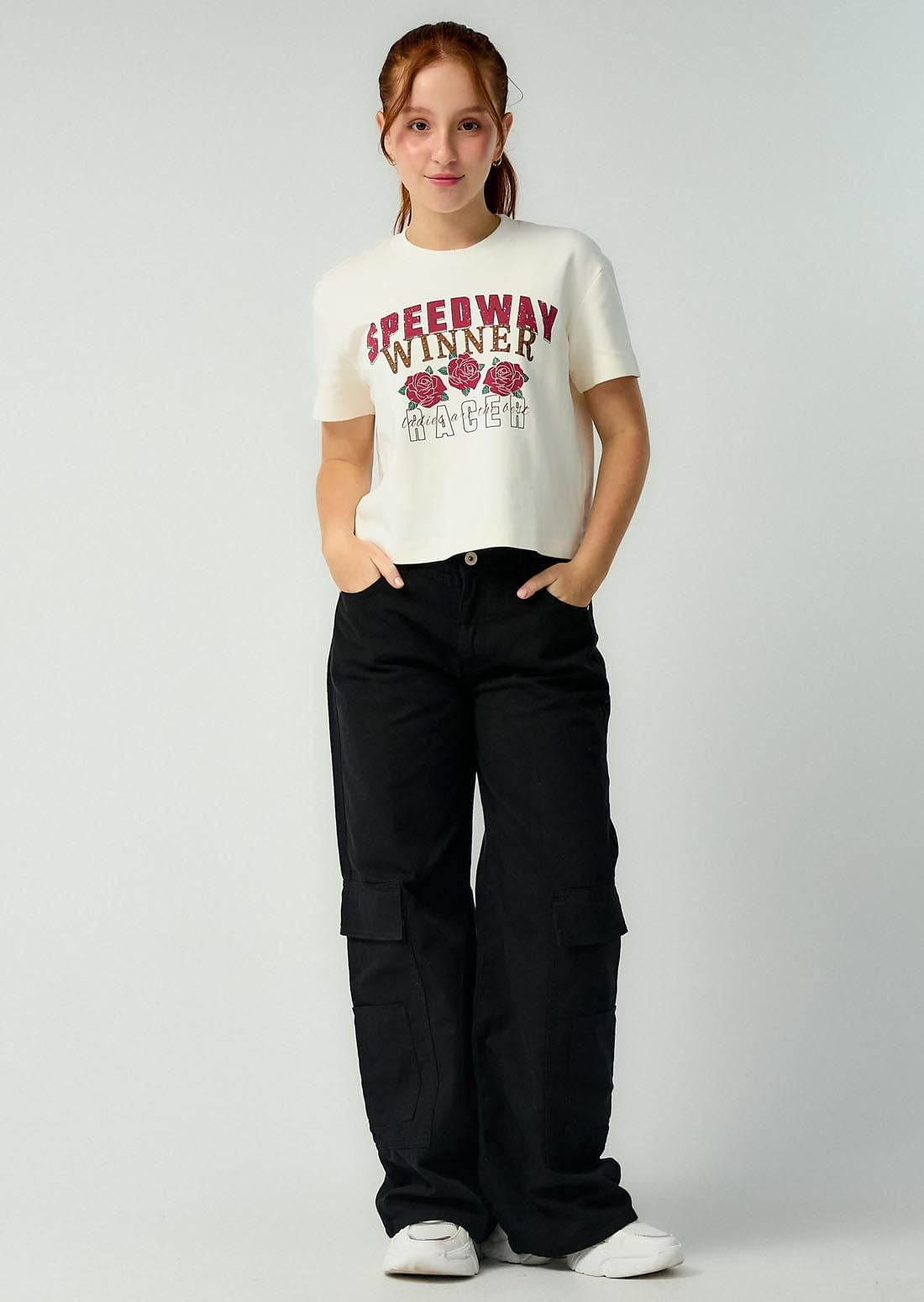Jean cargo negro con bolsillos para adolescentes