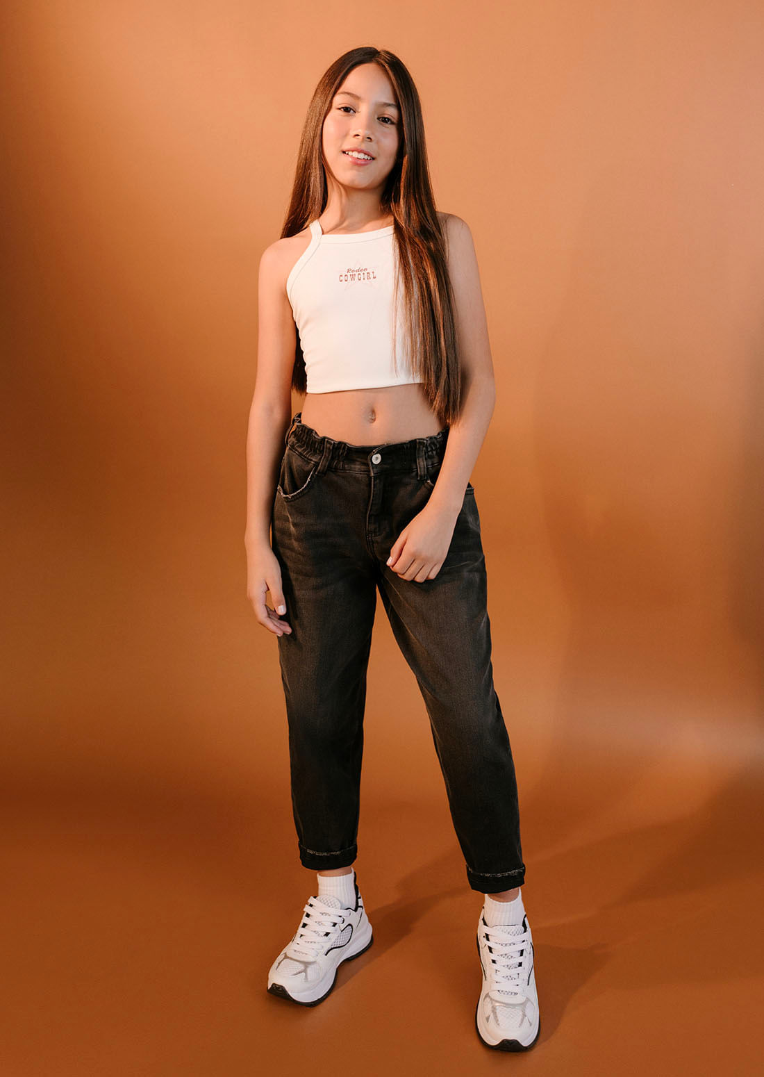 Jean mom jean negro pretina con elástico para niñas
