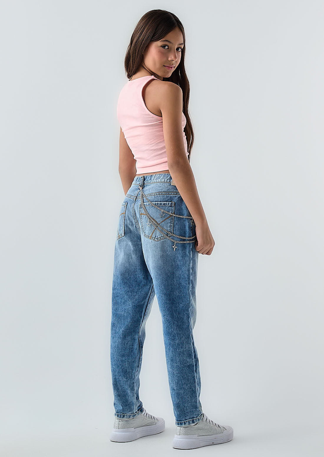 Jean mom jean medio con relojera para niñas