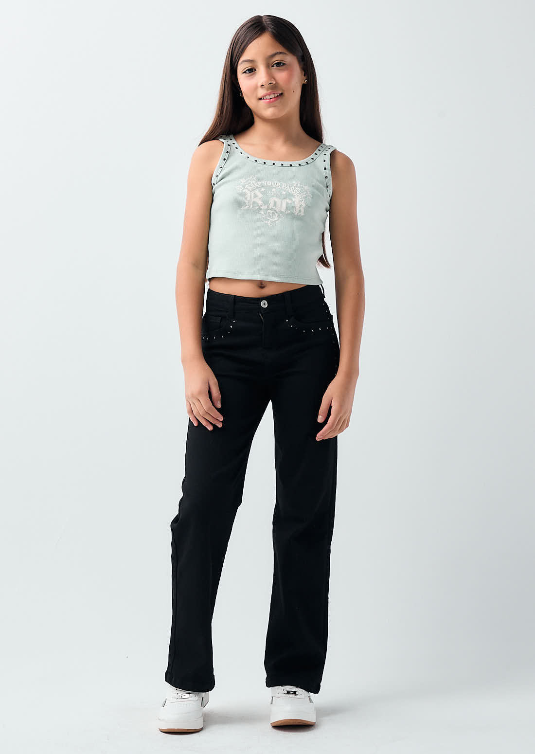 Jean perfect negro con aplique de piedras para niñas