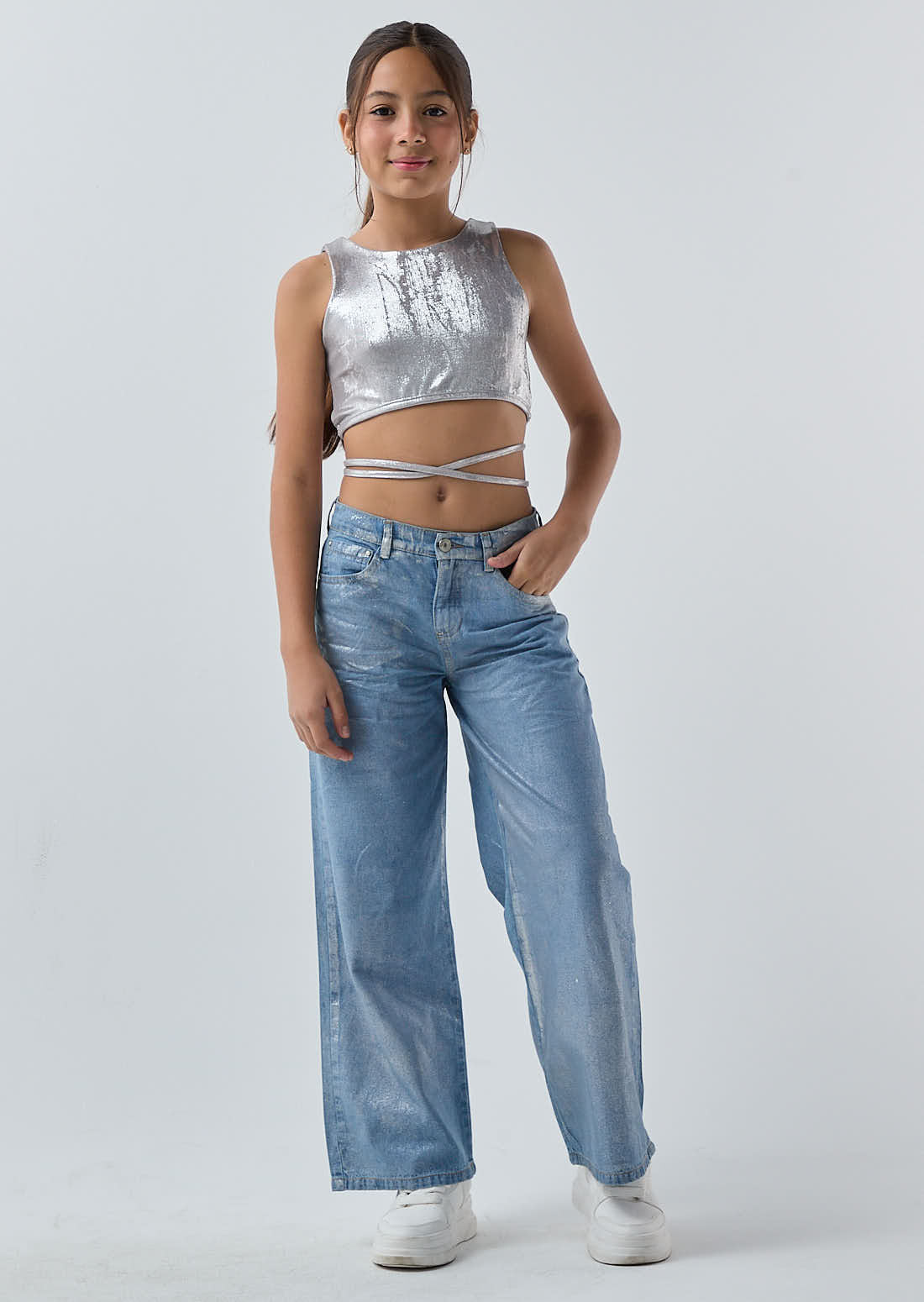 Jean retromom medio efecto perla para niñas