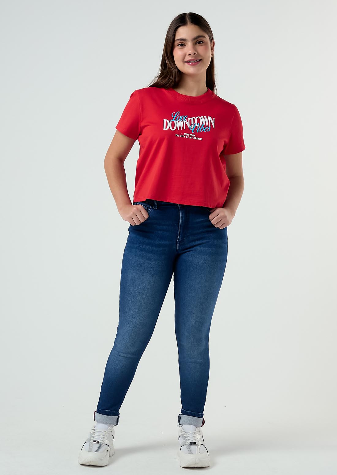 Jean crazy medio oscuro tiro alto para adolescentes