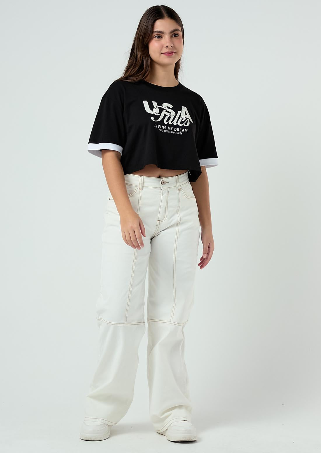 Pantalón retromom marfil tiro alto para adolescentes