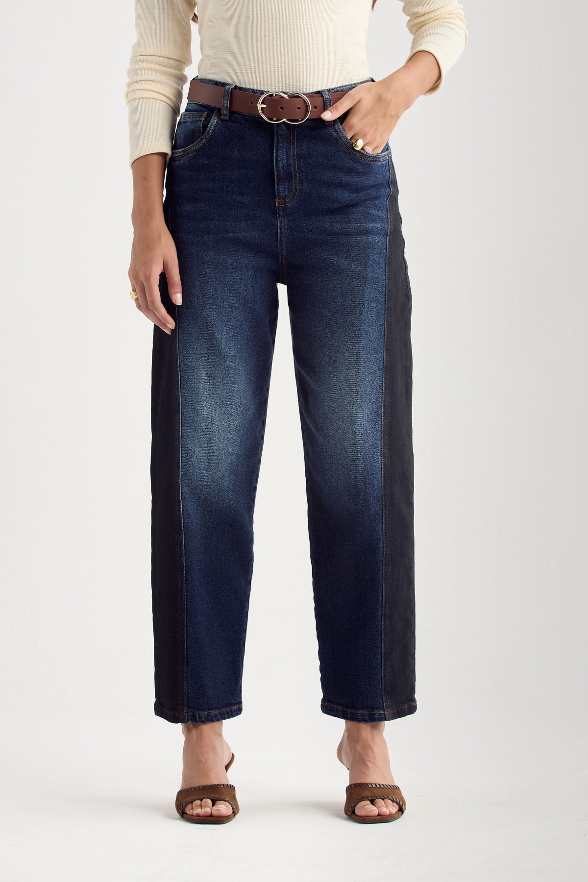 Jean baggy medio oscuro fondo entero para mujer