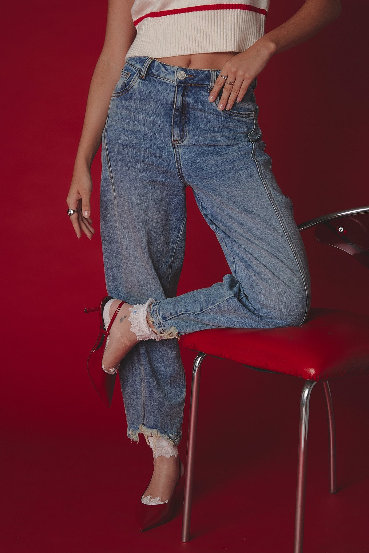 Jean barrel medio fondo entero para mujer
