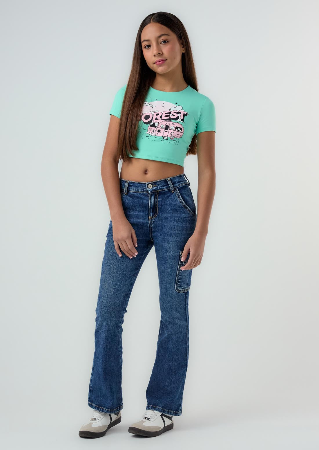 Jean cargo medio oscuro fondo entero para niñas