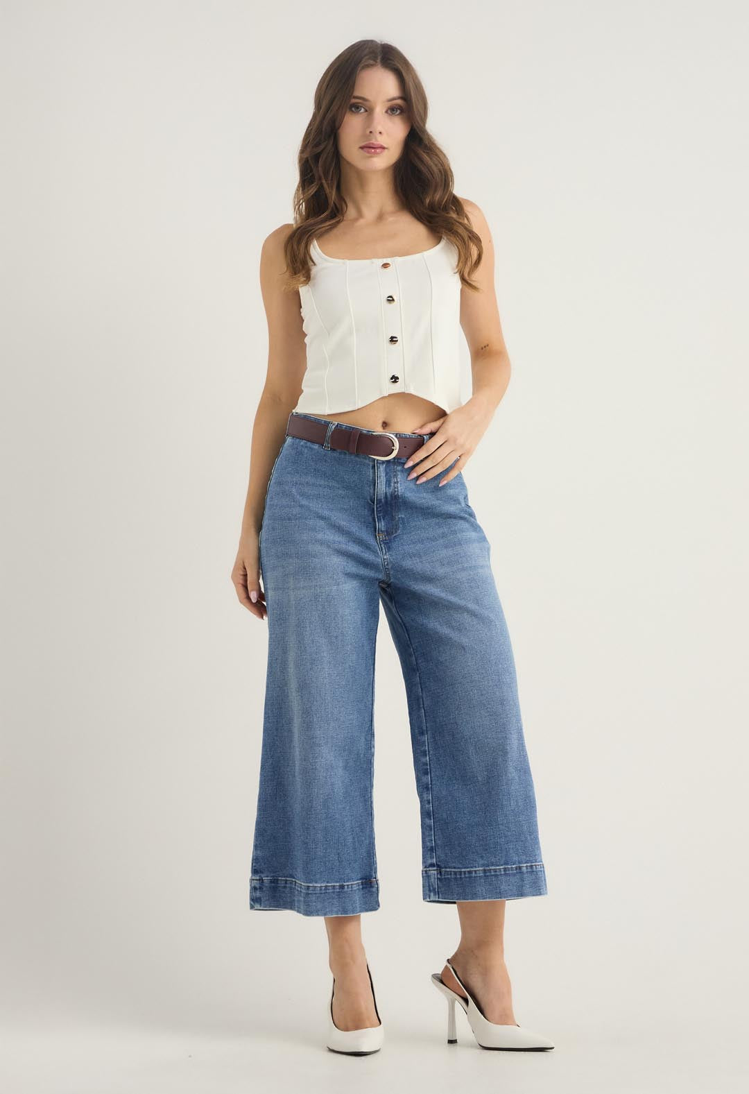 Jean culotte medio tiro alto y fondo entero para mujer