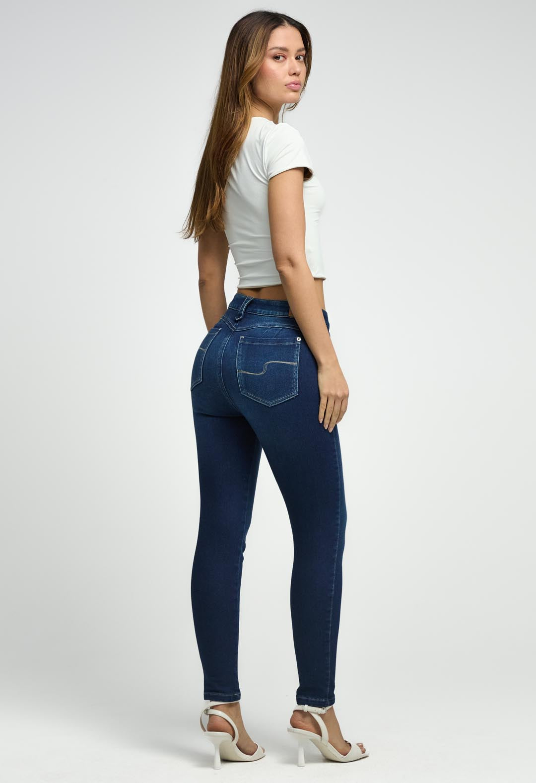 Jean elastik medio oscuro bota tubo para mujeres