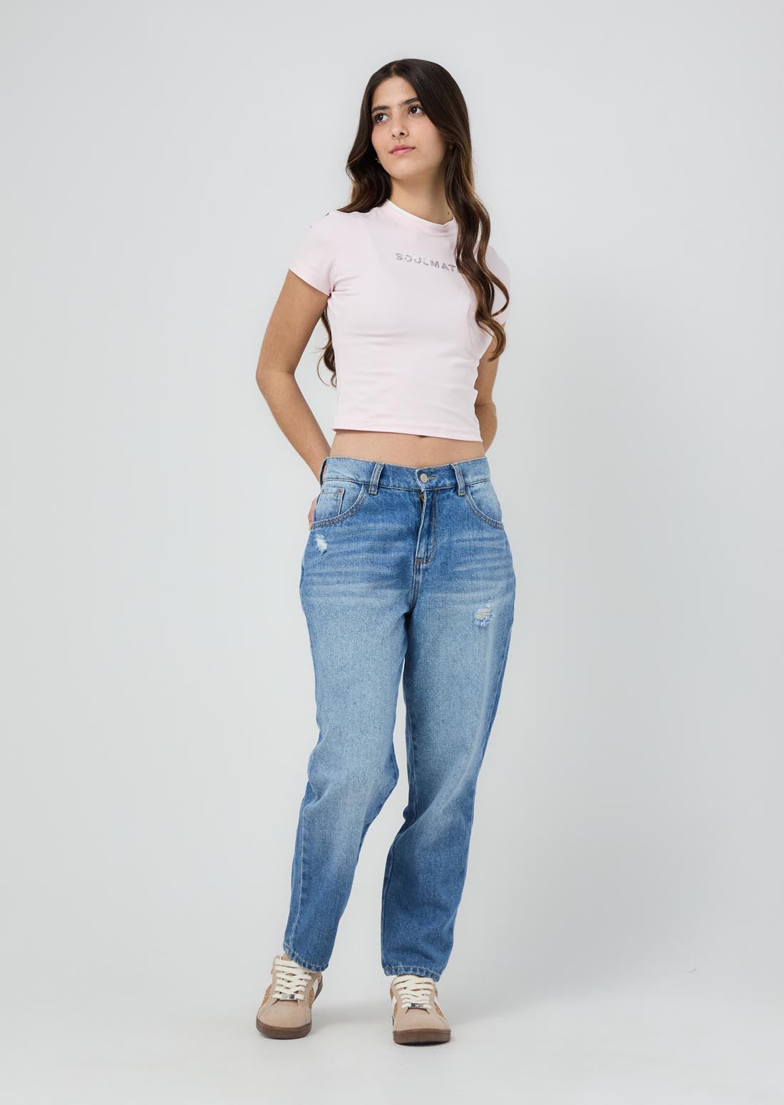 Jean mom jean lavado medio fondo entero para jóvenes