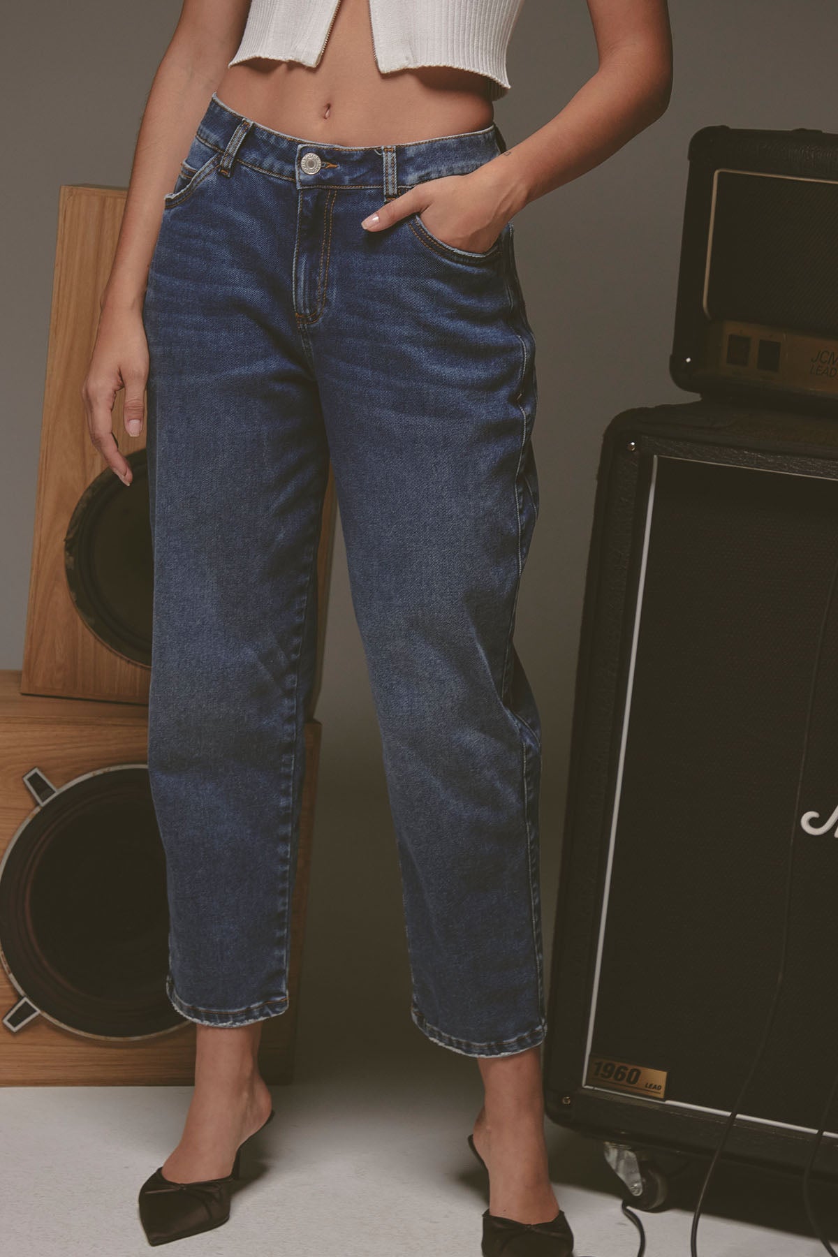 Jean mom jean medio oscuro fondo entero para mujer