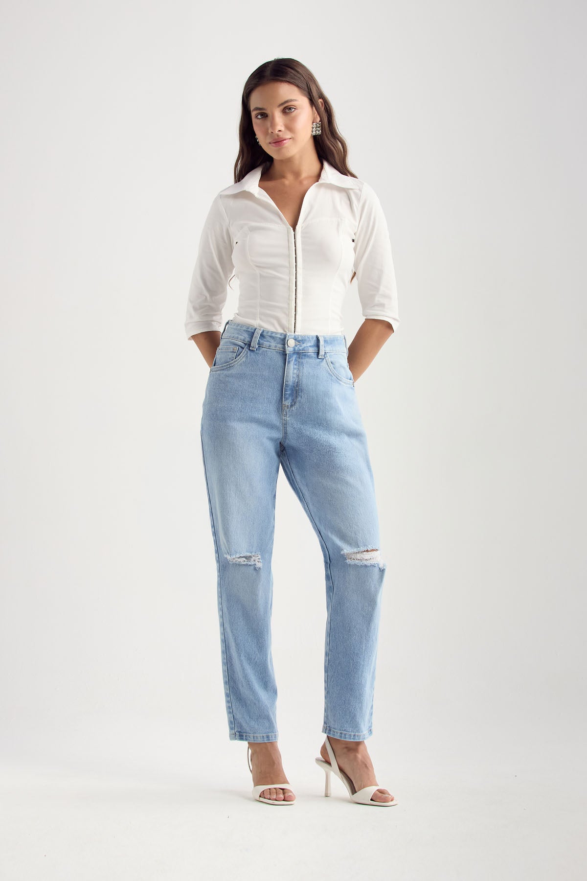 Jean mom claro fondo entero para mujer