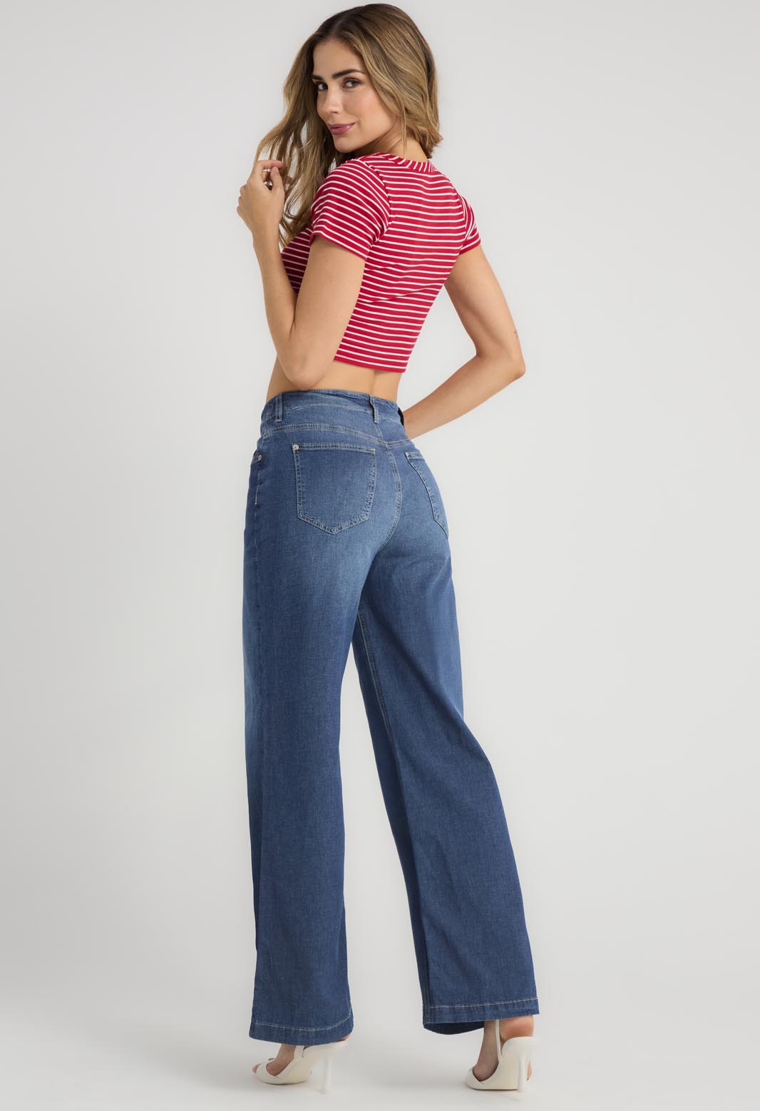 Jean retro medio oscuro con cordón en pretina para mujeres