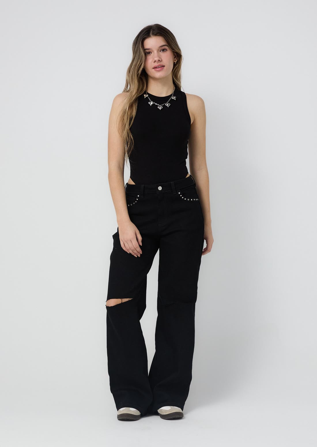 Jean retromom negro con taches para jóvenes