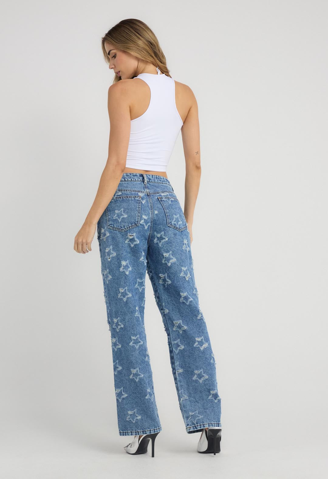 Jean retro medio con estampado de estrellas para mujeres