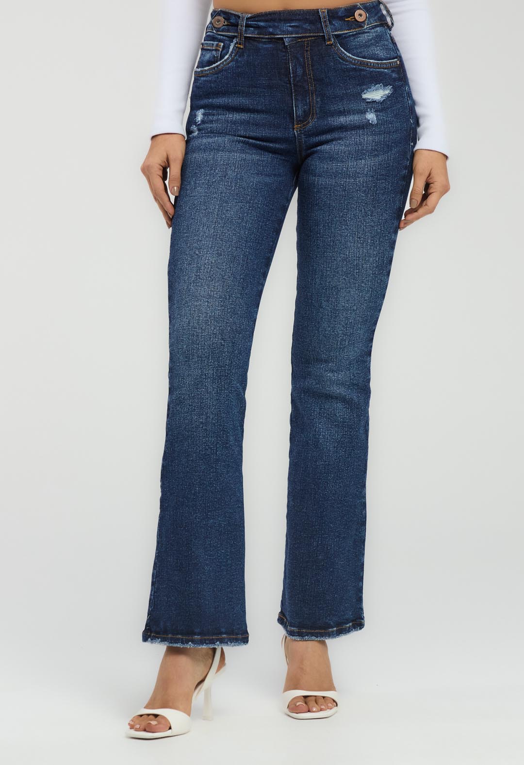 Jean tejano medio oscuro tiro alto para mujeres