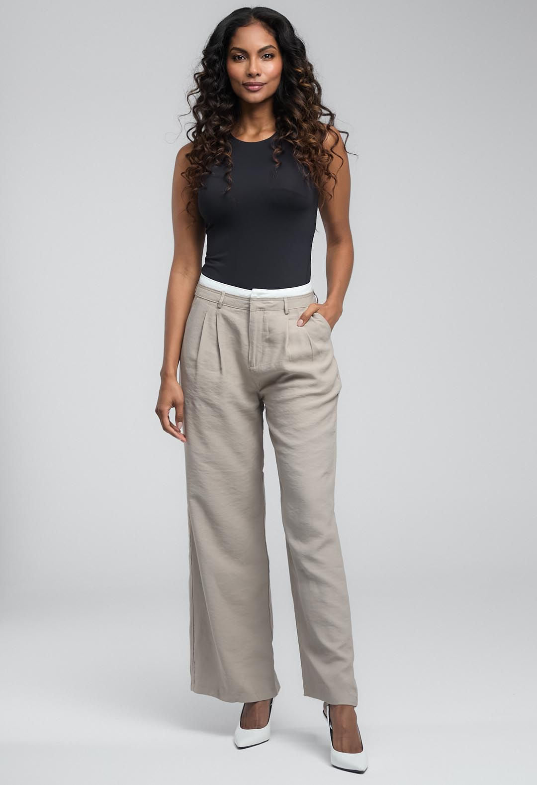 Pantalón taupe doble pretina para mujeres