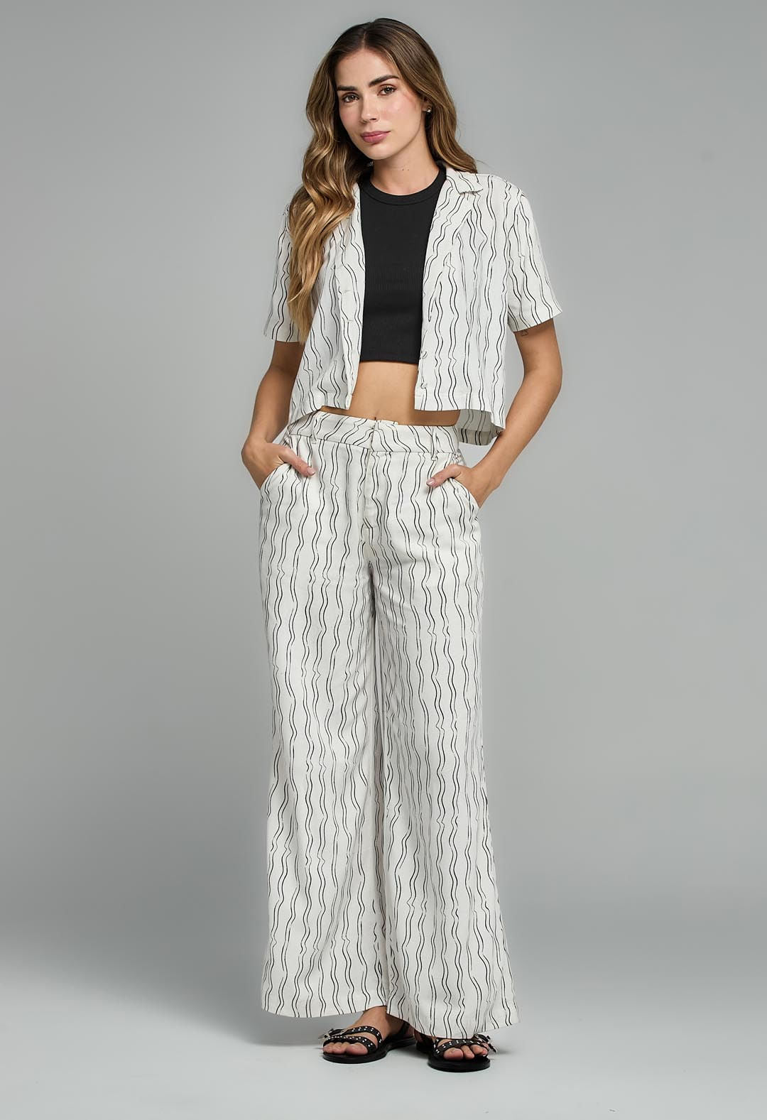 Pantalón marfil estampado efecto lino para mujeres