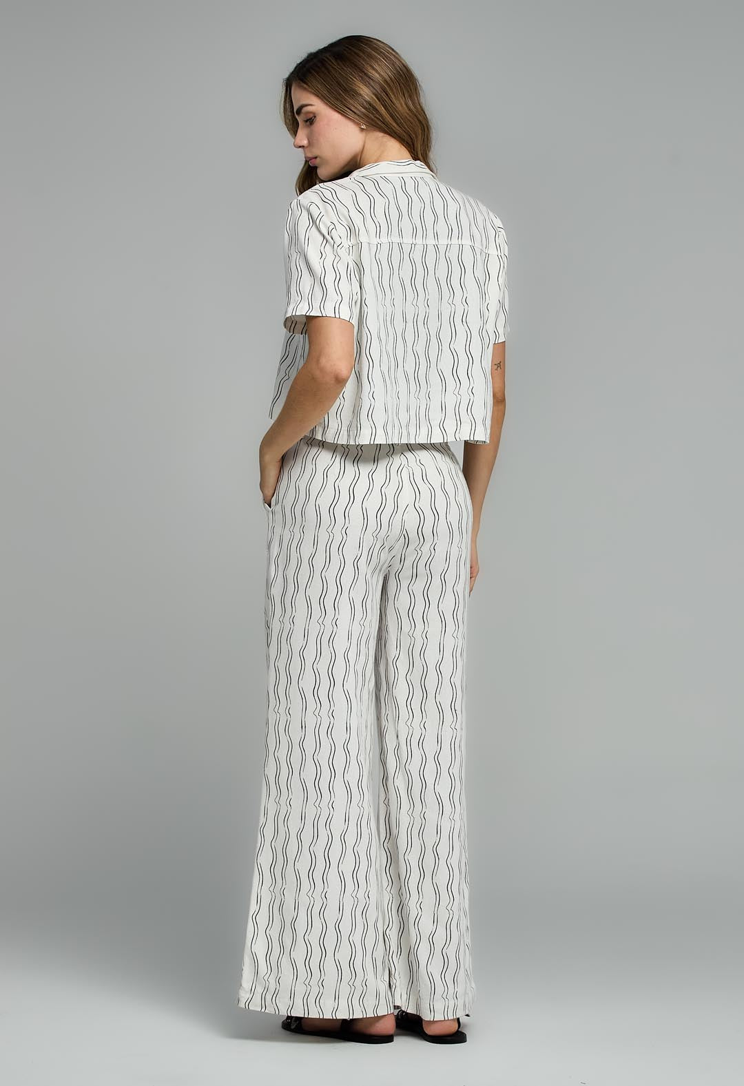 Pantalón marfil estampado efecto lino para mujeres