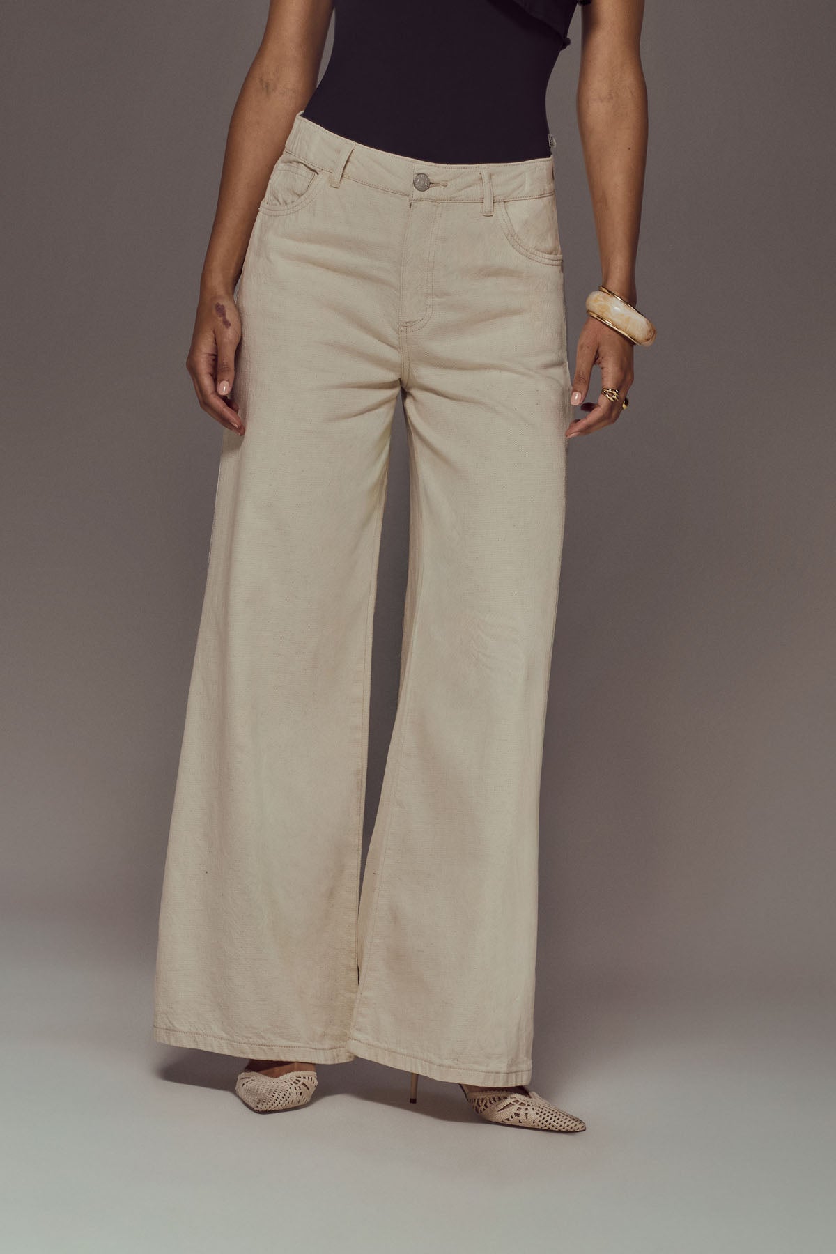 Pantalón retro marfil de tiro alto para mujer