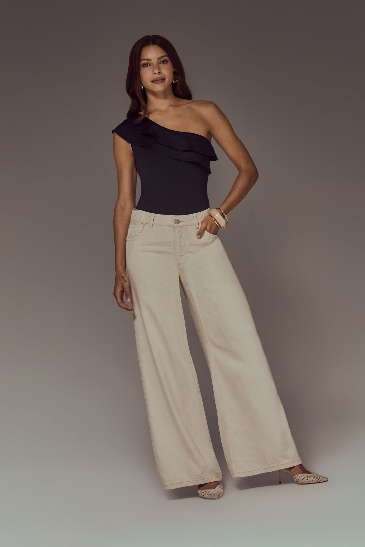 Pantalón retro marfil de tiro alto para mujer