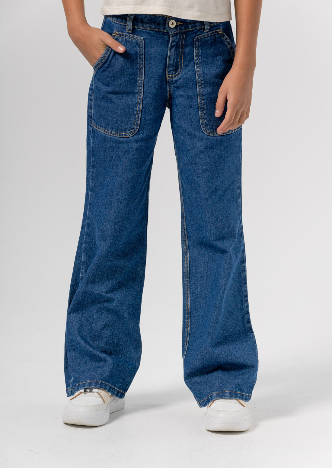 Jean retromom medio oscuro fondo entero para niñas