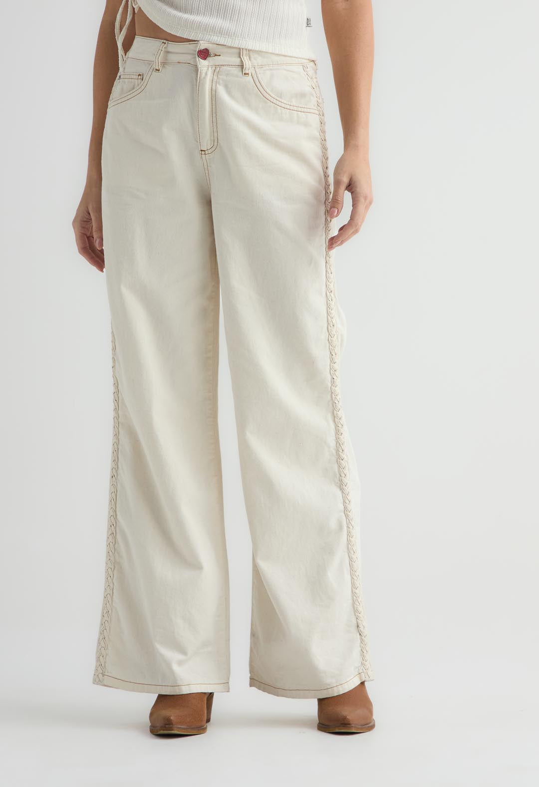 Pantalón retro marfil con detalle en costados para mujer