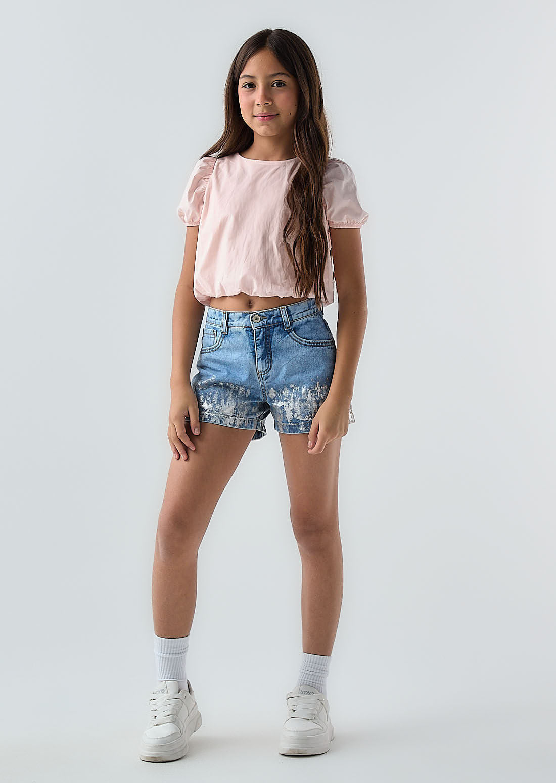 Short azul medio con foil para niñas
