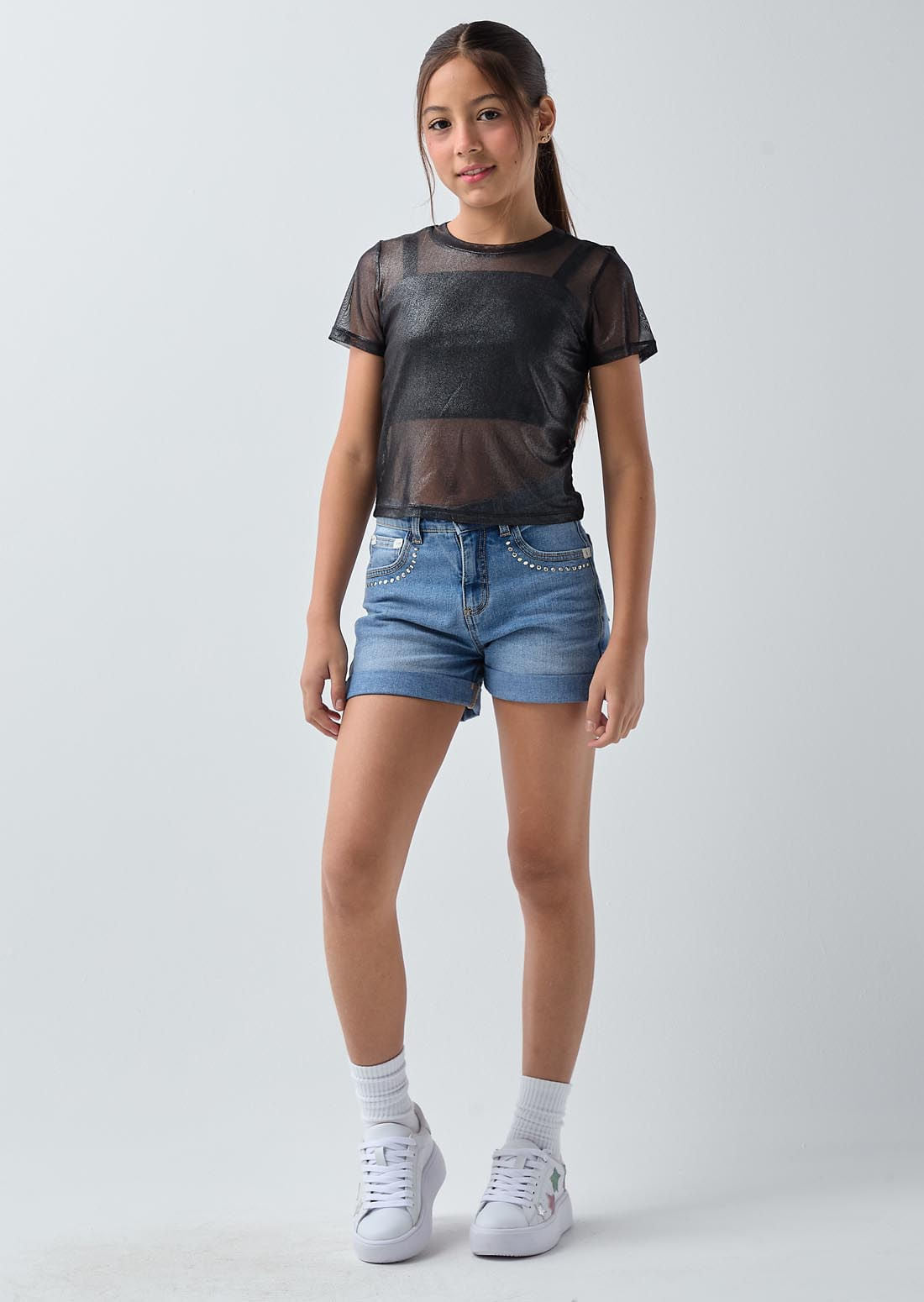 Short lavado medio con aplique para niñas