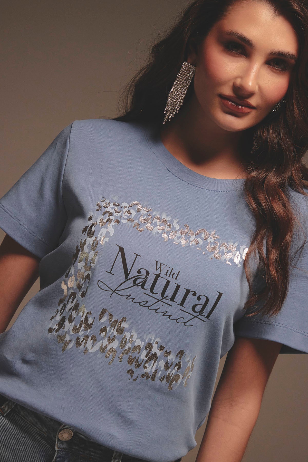Camiseta azul medio estampada para mujer